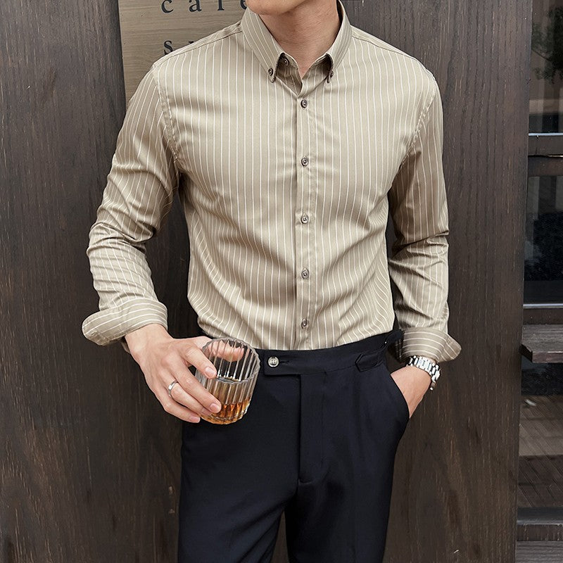 Striped Shirts for Men High-quality 2025 Autumn New Solid Business Casual Long Sleeved Elastic Slim Fit Dress Shirt Men Clothing