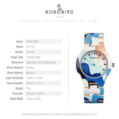 BOBOBIRD Women's Wooden Wristwatch Artistic Ladies Bamboo Quartz Watches Unique Illustration Eco-Friendly Timepieces for Women