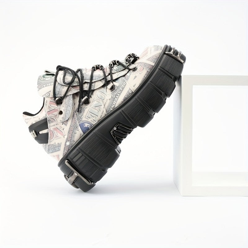 Casual Female Runway Shoes Platform Metal Toe Chunky Sneakers Women Gothic Punk Style Sneakers Rock Design Black Walking Shoes