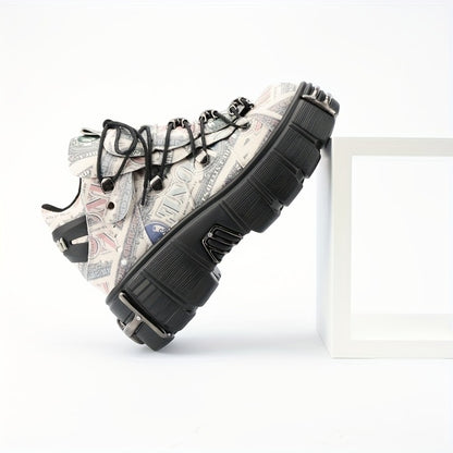 Casual Female Runway Shoes Platform Metal Toe Chunky Sneakers Women Gothic Punk Style Sneakers Rock Design Black Walking Shoes