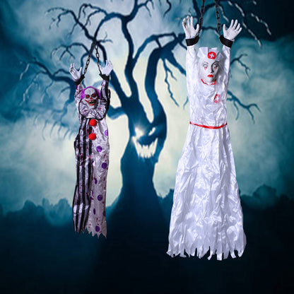 Decoração de Halloween Animatronics Palhaço Enfermeira Pendurado Controle por Voz Elétrico Exterior Assustador Liquidação Horror Adereços Casa Assombrada