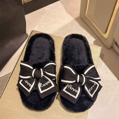 Casual Fluffy Slippers Women House Flats Fashion Winter Bowknot Love Designer Shoes Ladies Home Plush Platform Elegant Footwear