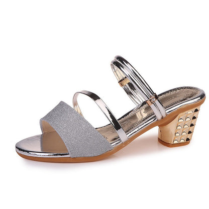New Fashion Gold Women Shoes Slippers Sliver Summer High Heels Low Block Square Middle Heel Shoe Fashion Female Sandals