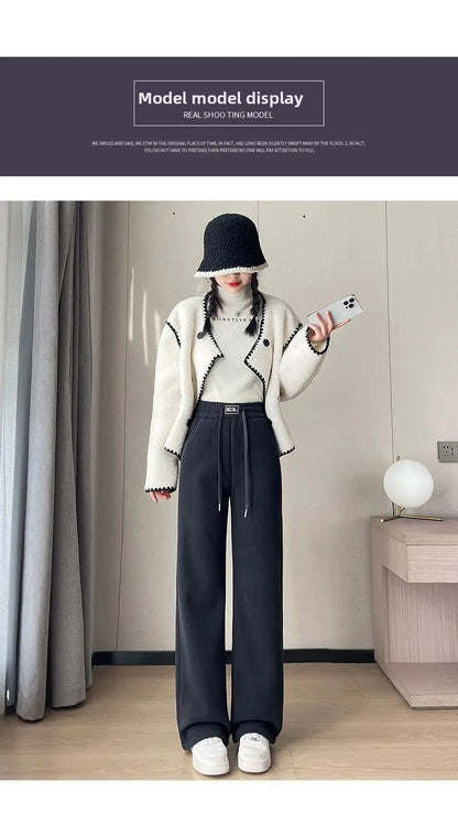 Thickened Fleece Lamb Velvet Large Size Corduroy Wide Leg Casual Straight Leg Pants Women Autumn Winter Special Thick Shiny Casu