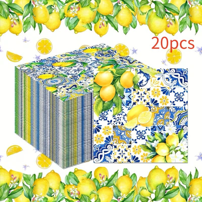Mediterranean Lemon Blue Disposable Paper Napkins Citrus Floral Printed Table Decor Wedding Bridal Shower Garden Party Supplies
