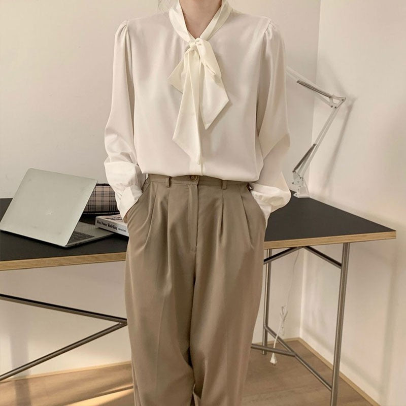 Bow Tie Chiffon Shirts Casual Long Sleeve White Blouse Women's Elegant Business Loose Blouses Ladies Spring and Autumn Chic Tops