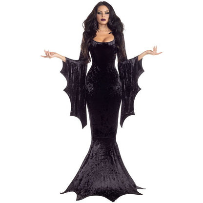 Witchy Costume Morticia Addams Long Train Dress Halloween Terror Dark Outfit Gothic Gown Robe Bat Sleeve Horror For Adult