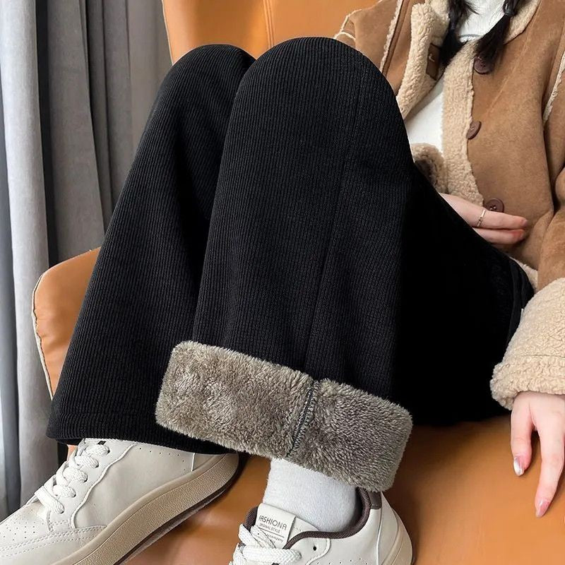 Warm Lambswool Straight Pants Women Corduroy Thickened Loose Wide Leg Pants Fashion Casual Elastic High Waist Fleece Trousers