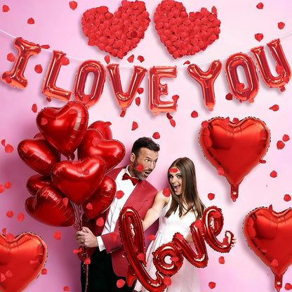 I Love You/Red Heart Love Foil Balloon 1000Pcs Rose Petals for Wedding Anniversary Valentine Day Romantic Special Night Party