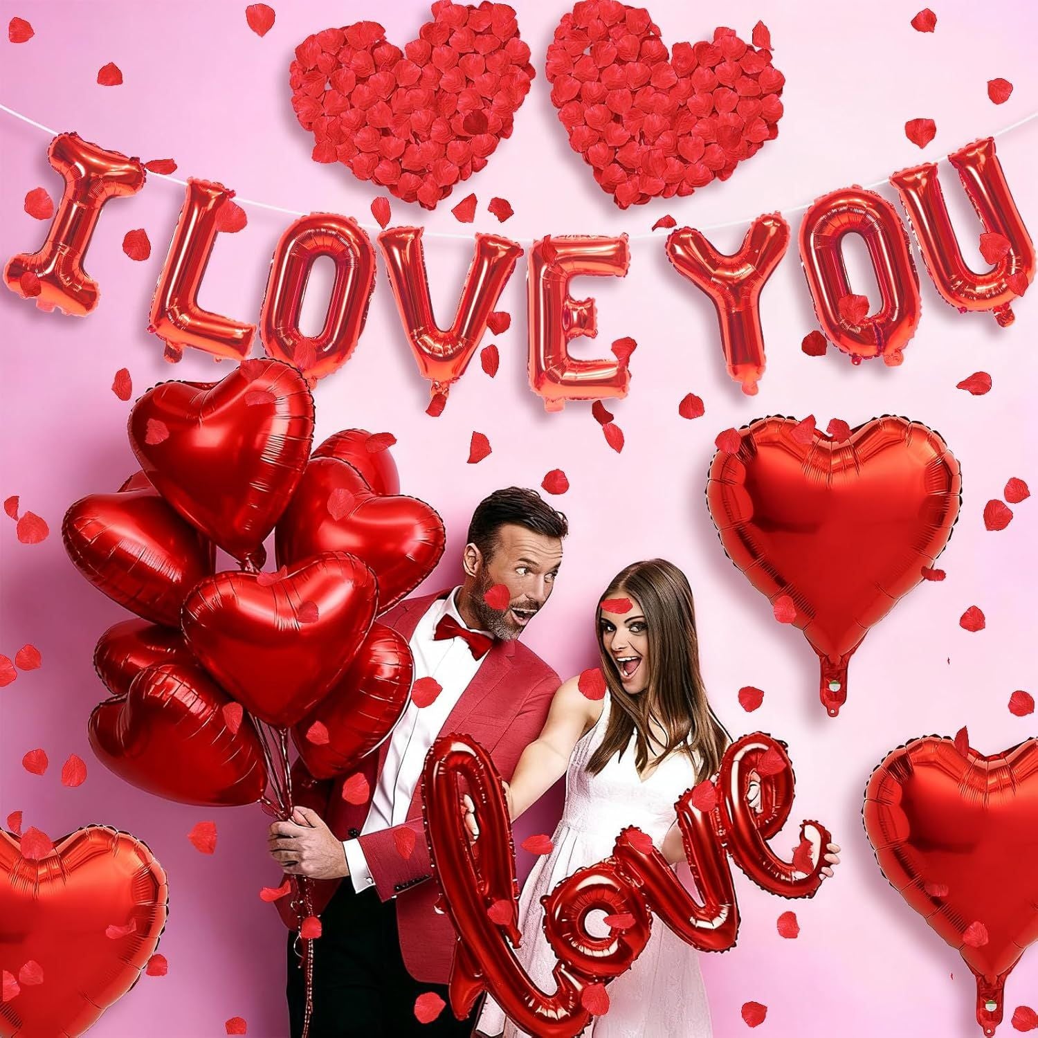 I Love You/Red Heart Love Foil Balloon 1000Pcs Rose Petals for Wedding Anniversary Valentine Day Romantic Special Night Party