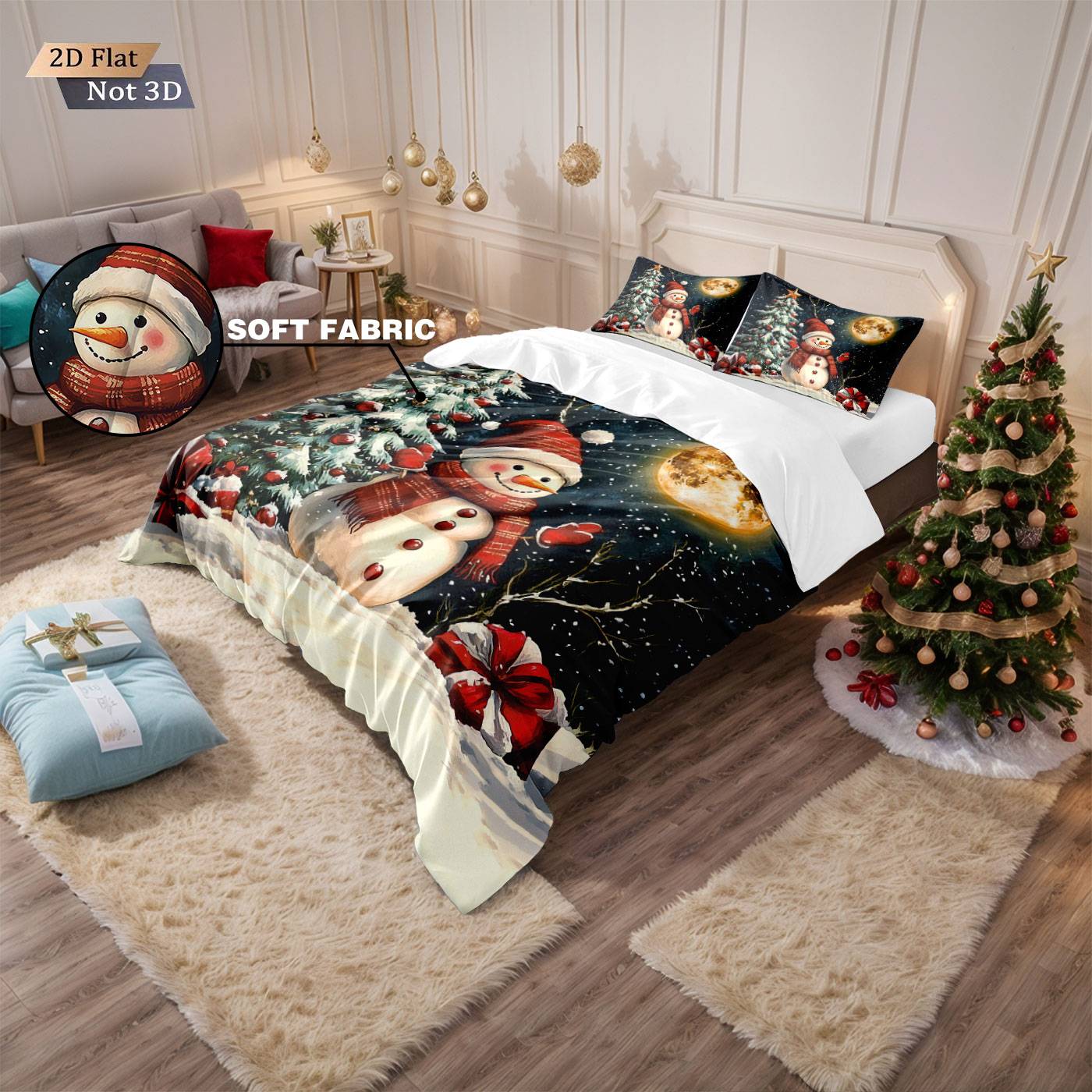 3pcs Christmas snowman reindeer red print coreless duvet set multi size bedroom bedding holiday decoration soft machine washable