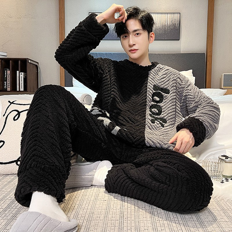 Thickened Warm Sleepwear for Winter Coral Velvet Autumn and Winter Men Flannel Loungewear Large Size 2 Piece Set Homewear