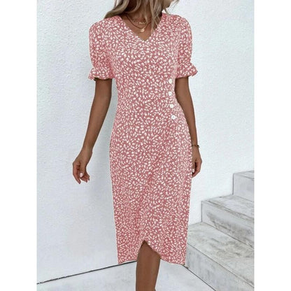 Elegant Floral Pleated H shaped Midi Dress Female V Neck Puff Sleeve Waist Ruche