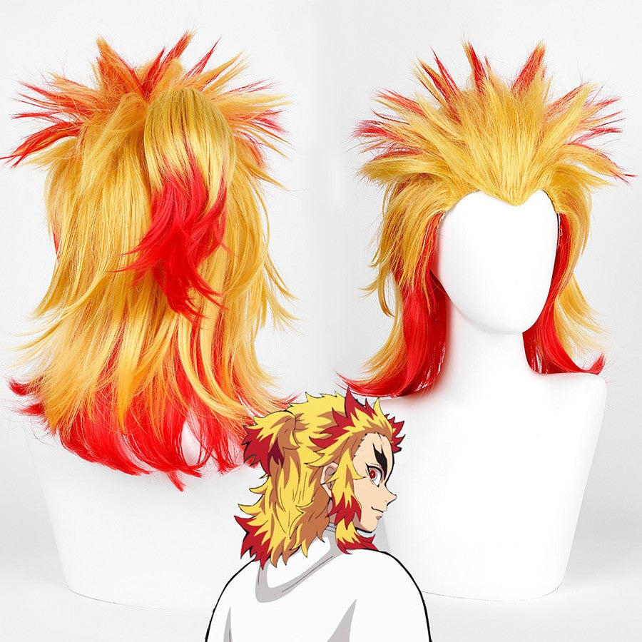 Peruca Cosplay de Demon Slayer Rengoku Kyoujurou Anime Kimetsu No Yaiba Peruca Cosplay Mista de Dourado e Vermelho Sintética Peruca de Cabelo Resistente ao Calor