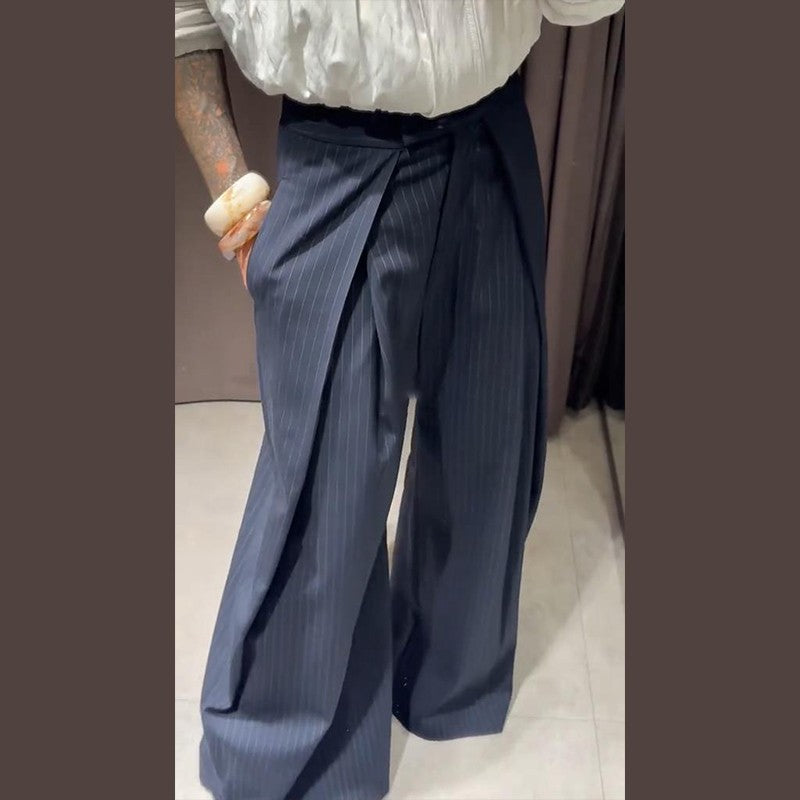Casual Striped Loose Pants Women High Waist Pleated Straight Long Wide Leg Trousers Female 2025 Fashion Autumn Lady Bottoms