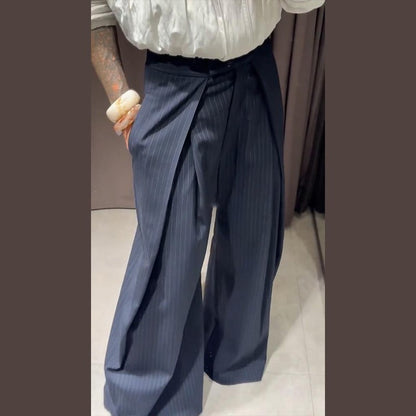 Casual Striped Loose Pants Women High Waist Pleated Straight Long Wide Leg Trousers Female 2025 Fashion Autumn Lady Bottoms