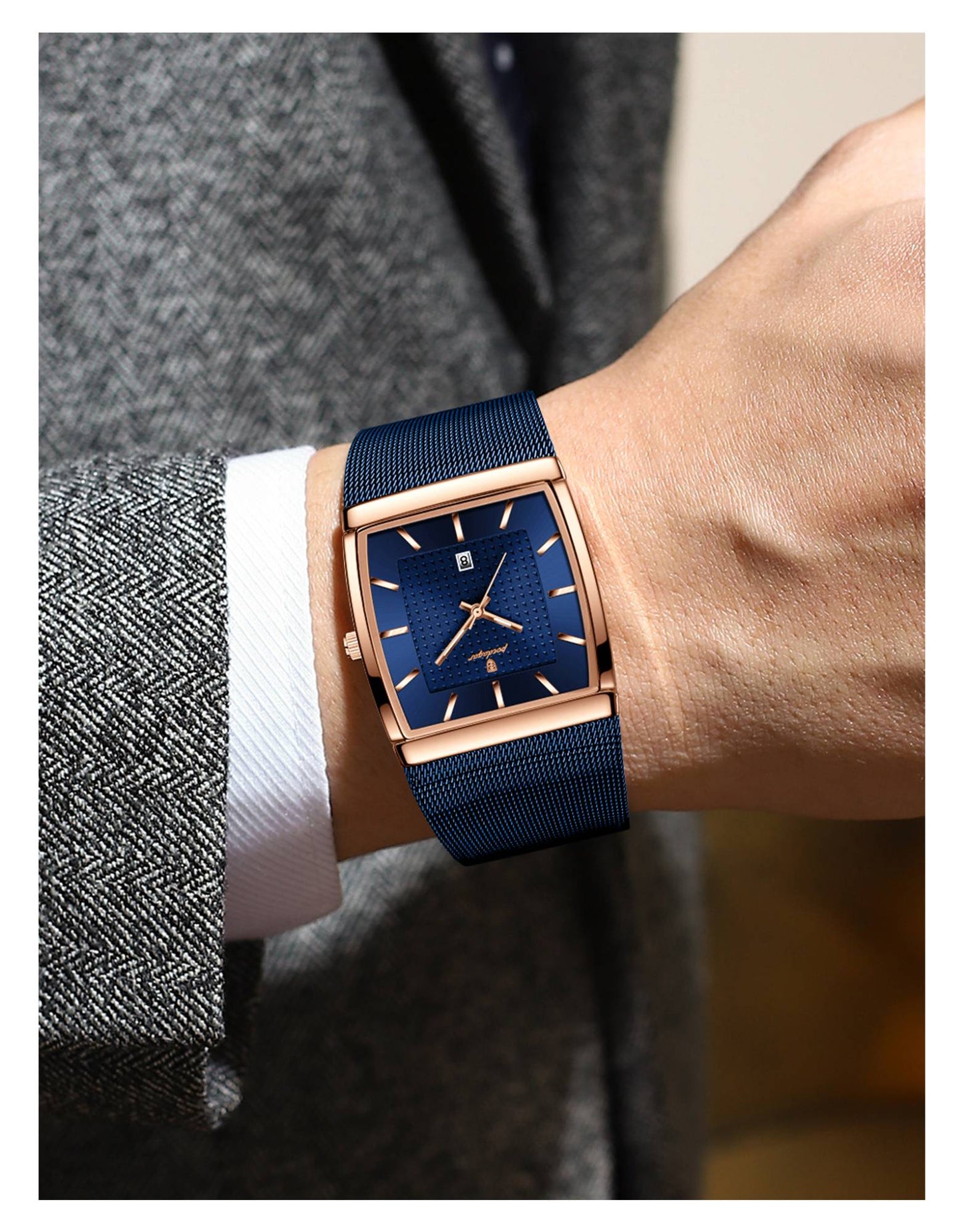 POEDAGAR Top Luxury Men Watch Stainless Steel Mesh Date Waterproof Luminous Man Wristwatch Casual Rectangle Quartz Men's Watches