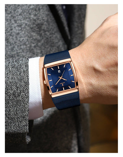 POEDAGAR Top Luxury Men Watch Stainless Steel Mesh Date Waterproof Luminous Man Wristwatch Casual Rectangle Quartz Men's Watches