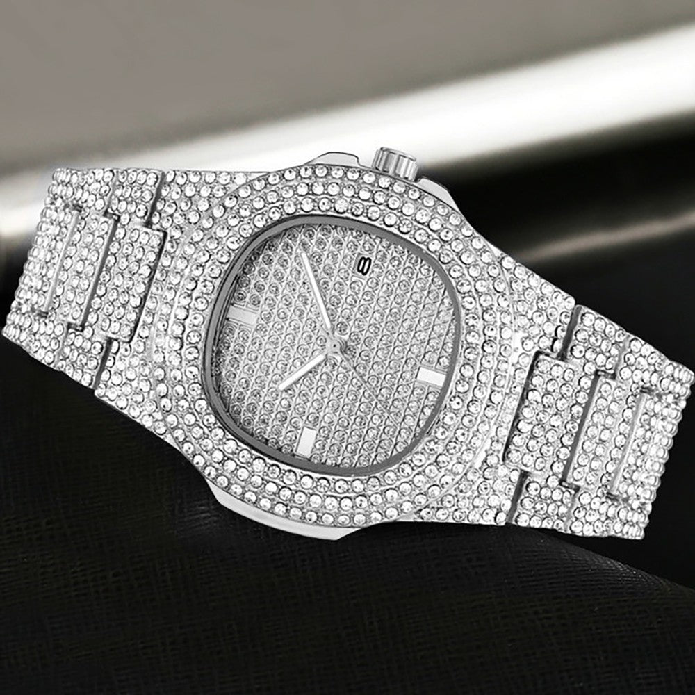 New Punk Men Watch Iced Out Diamond Sparkling Quartz Watches Fashion Hip Hop Classic Silver Color Watch Jewelry Men Women Gift