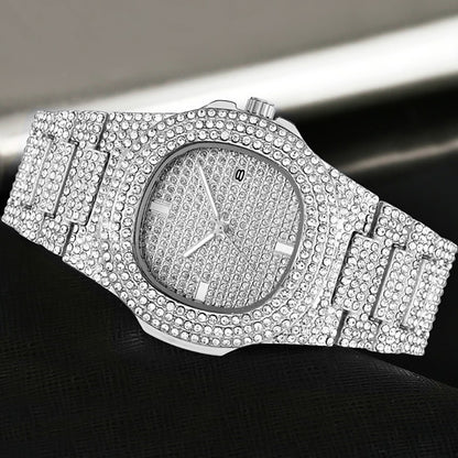 New Punk Men Watch Iced Out Diamond Sparkling Quartz Watches Fashion Hip Hop Classic Silver Color Watch Jewelry Men Women Gift