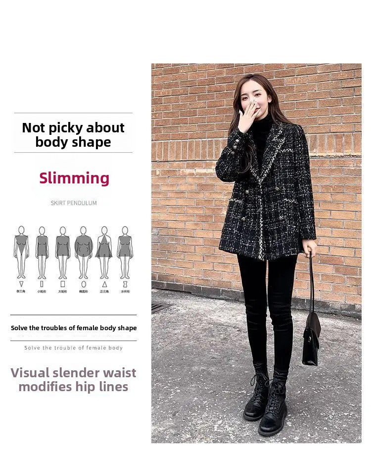 Thickened Cotton Tweed Coat for Women Spring Loose Plaid Outerwear Cozy Style Large Size Patchwork Small Suiting