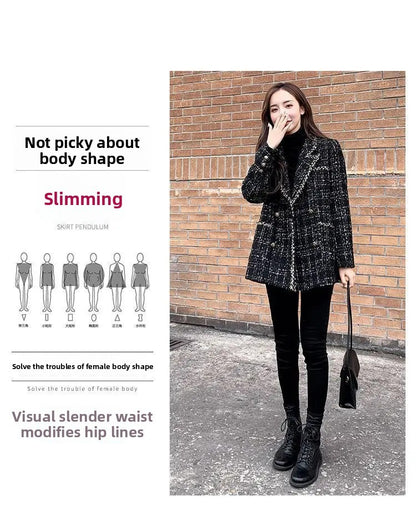 Thickened Cotton Tweed Coat for Women Spring Loose Plaid Outerwear Cozy Style Large Size Patchwork Small Suiting