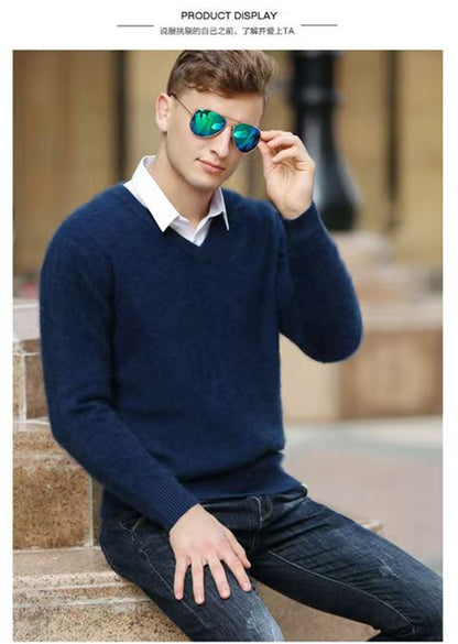 Autumn And Winter New Warm Pure Mink Cashmere Sweater Men's V-neck Pullover Thickened Plus Size Knitted Bottoming Shirt