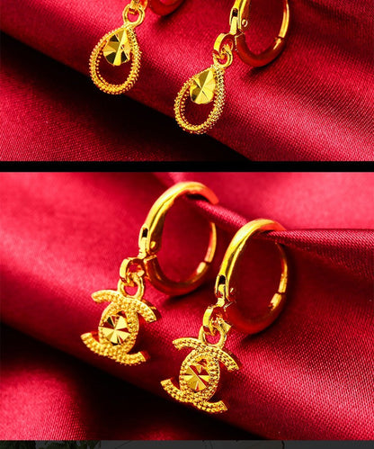 Brincos de Gota e Coração para Mulheres (AU999 24K) - Contorno Duplo de Gota, Mistura Brilho-Fosco, Uso em Viagens, Fluidez Natural
