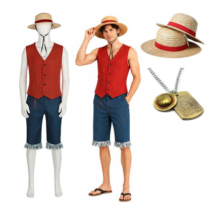 Monkey D Luffy Cosplay Costume for Men Adult Anime Outfit Halloween Party Red Vest Shorts Straw Hat Rope Set