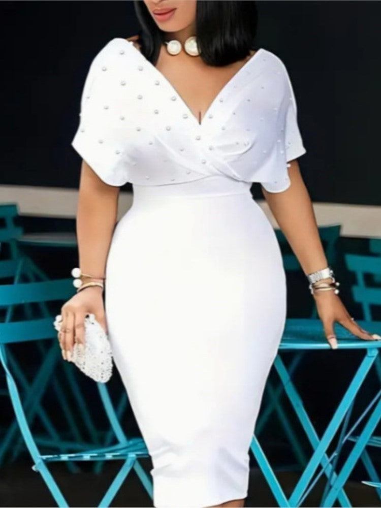 Fashion Party Dress For Wonen Sexy V Neck Package Hip Elegant Dresses 2025 Srping Summer Lady Solid Color Slim Office Midi Dress