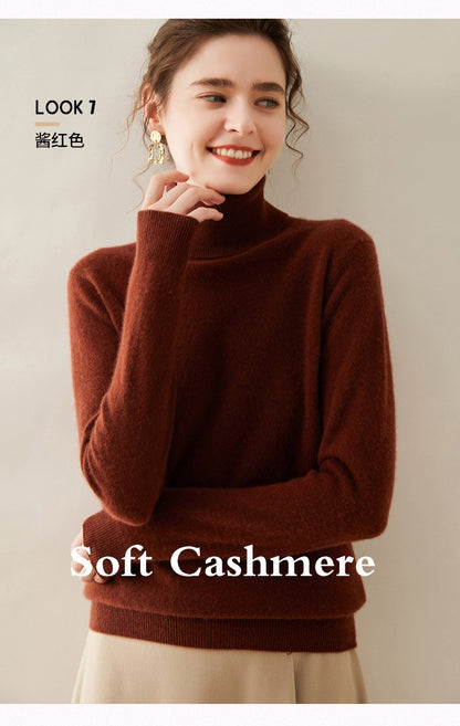 Suéter de Cashmere Feminino Gola Alta Manga Comprida Pulôver de Malha 100% Cashmere Puro Suéter Básico Versão Coreana Top Feminino