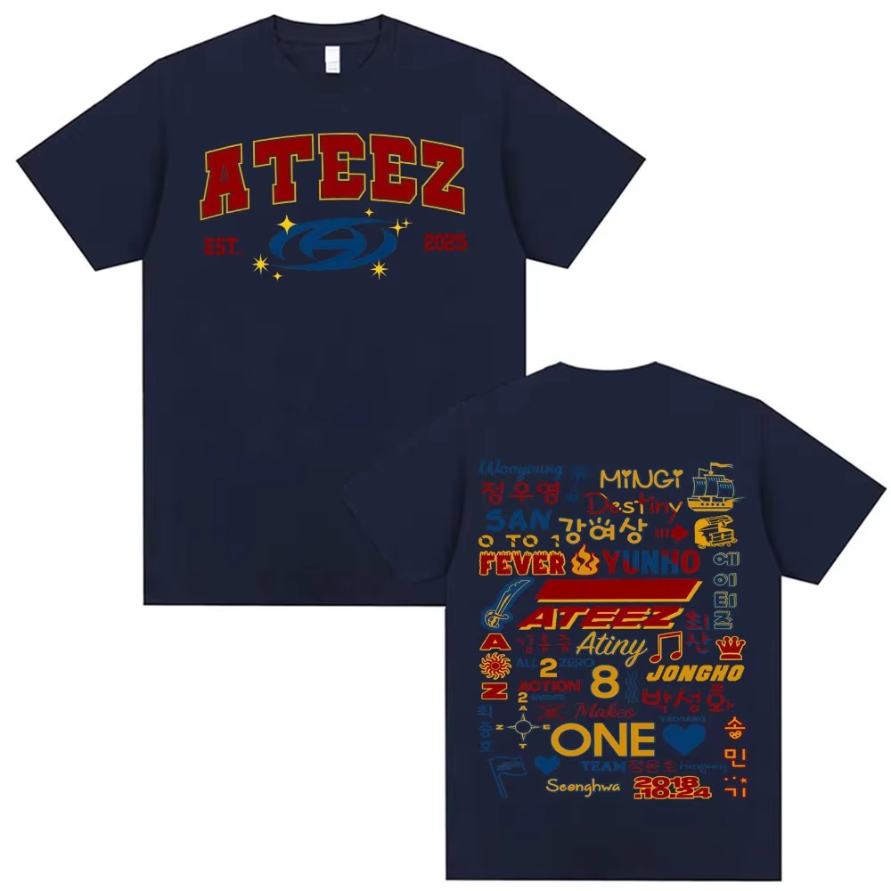 Kpop Ateez 2025 World Tour in Your Fantasy Merch T Shirts Men Women Korean Fashion Retro High Street T-shirt 100% Cotton T Shirt