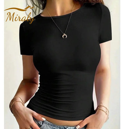 2025 New Summer Y2k Tops Womens Causal Basic T-Shirts Scoop Neck Short Sleeve Crop Tops Cute Slim Fit Tees Pullovers Clothing