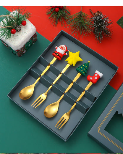 Christmas Cutlery Set Elk Dessert Scoop Fruit Fork Coffee Spoon Stainless Steel Dessert Fork 4/6PCS Christmas Spoons Fork Set
