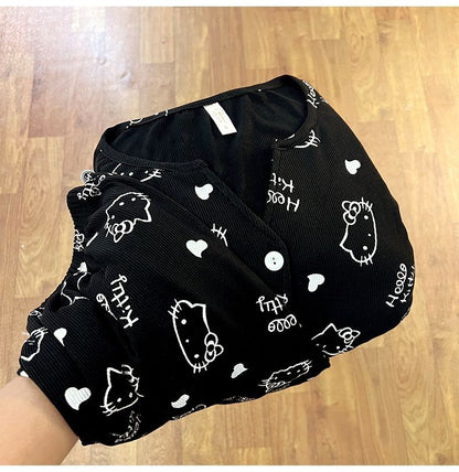 New Women Hello Kitty Pajamas Set Long Sleeve V-Neck Cardigan and Pants Cute Cartoon Homewear Sleepwear Loungewear Spring Autumn