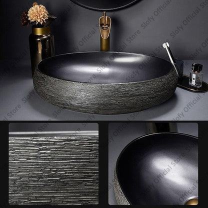 Retro Art Ceramic Sink Multiple Styles Black Washbasin Single Bowl Low-Key Luxury Countertop Basins For Household Hotel Bathroom
