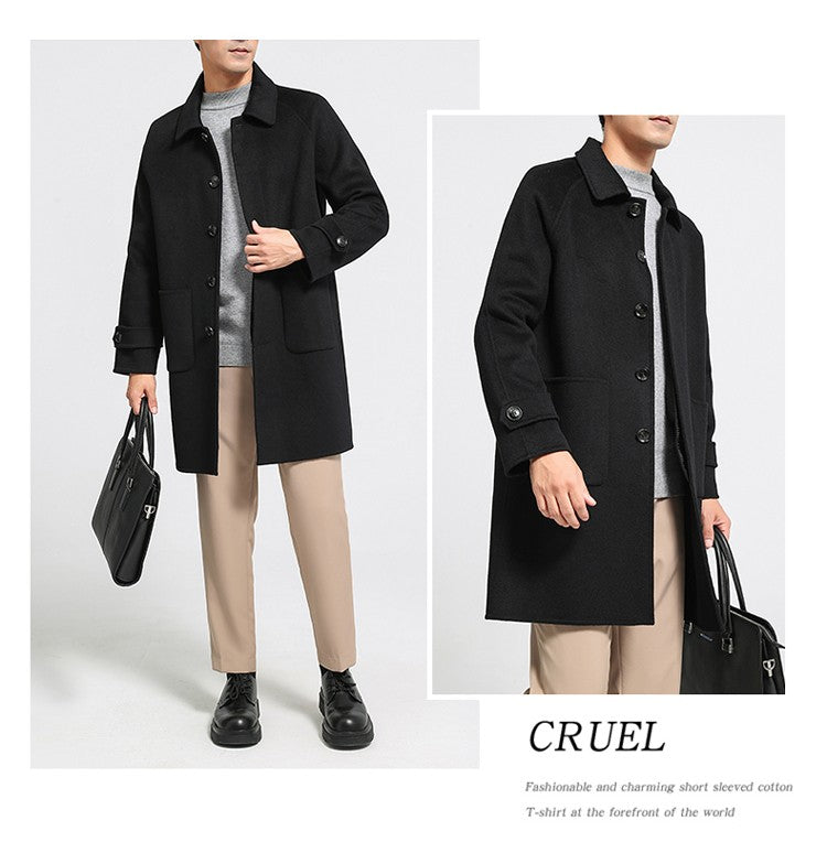 Mid-Length Single-Breasted Polo Collar Men's Overcoat Double-Sided Woolen 100% Pure Wool High-End Coat Fashion Men's Clothing