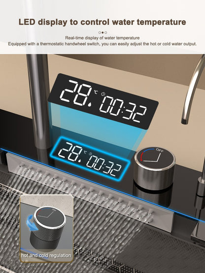 Stainless Steel kitchen Sink With Waterfall Golden Large Single Slot Multifunctional Digital Display Sinks 100*50CM