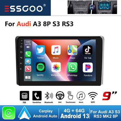 ESSGOO 9" Carplay AndroidAuto Car Stereo Multimedia Player Radio Android 13 GPS SAT Navi Wifi BT FM RDS For Audi A3 8P 2003-2013