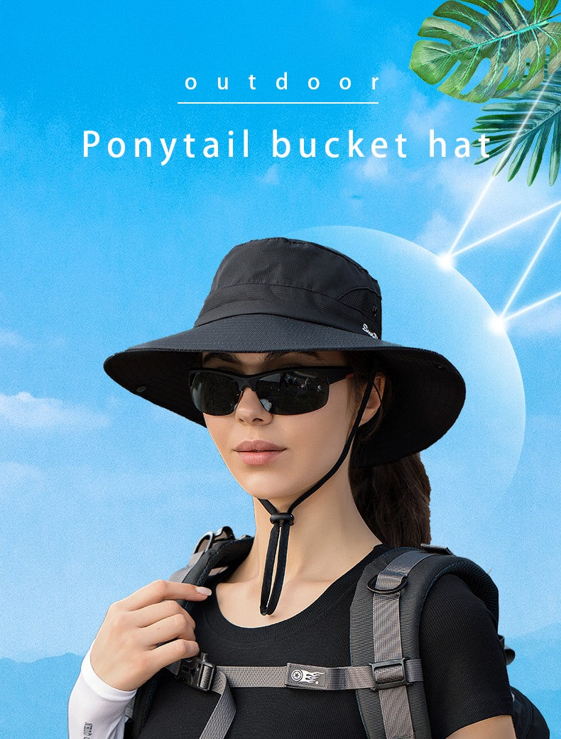 Women Ponytail Fisherman Hat Waterproof Sun Cap Pure Color Outdoor Travel Fishing Climbing Hiking Large Brim Bucket Hat undefine
