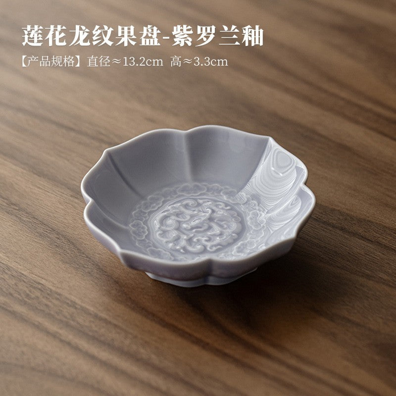 Creative Lotus Pattern Fruit Plate Zen Ceramic Snack Plate Retro Fruit Dishes Boutique Pastry Plate Hospitality Dishes Crafts