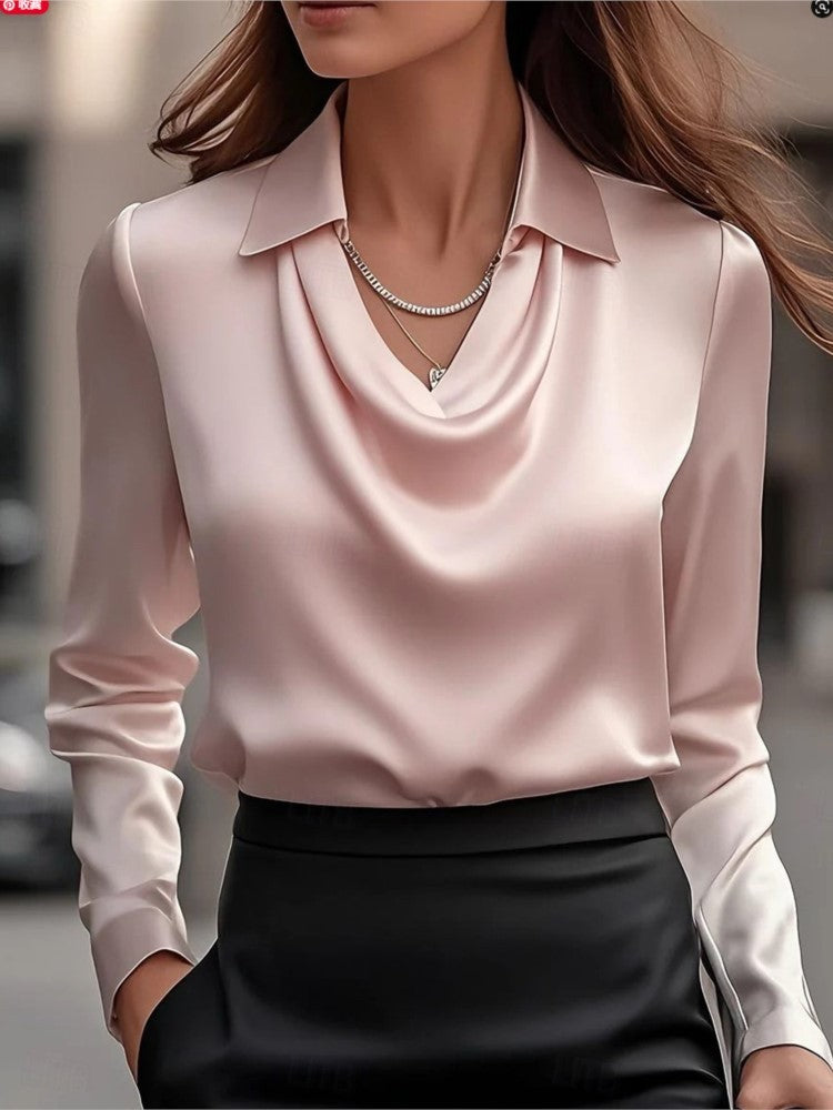 Satin Women's Shirt Retro Long Sleeved Spring Autumn New Style Solid Color Simple Swing Collar Shirt Collar Women's Top