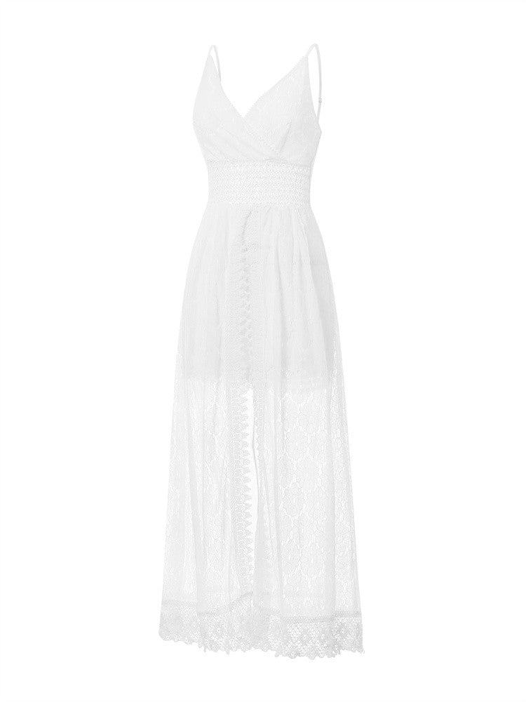 2025 Summer Women Lace Playsuit Dress Sleeveless V Neck Hollow Out Irregular Mid