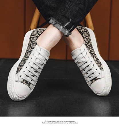 New Shoes for Men Genuine Leather Patchwork Casual Shoes Trend Flat Skateboard Shoes Youth Cool Lace-up Sneakers