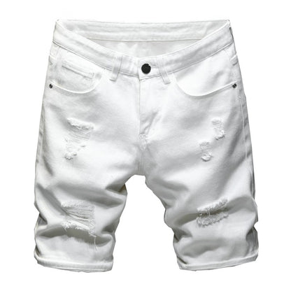 New White Jeans Shorts Men Fashion Ripped Knee Length Pants Simple Casual Slim Hole Denim Shorts Male Streetwear