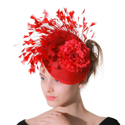 Chapéu de sol de aba grande com design de padrão de fio de cânhamo duplo, acessórios de pena, elegante chapéu de banquete, chapéu de praia para casamento ou férias, chapéu equestre