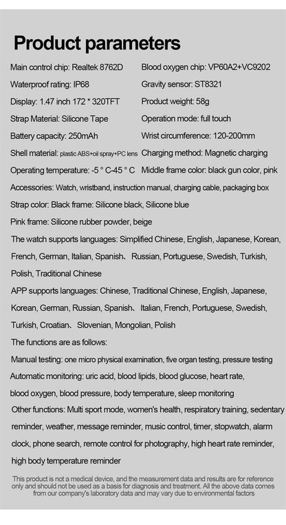 ECG+PPG Smart Watch Health Monitoring Blood Pressure Uric Acid Blood Fat bracelet Bluetooth Call Reminder Waterproof SmartWatch