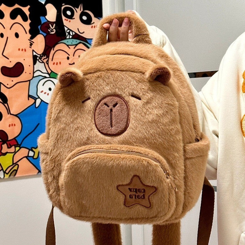 Bolsa Escolar Capivara Pelúcia Mochila Capivara Bolsa de Pelo Casual Versátil Mochila Escolar de Grande Capacidade 2025