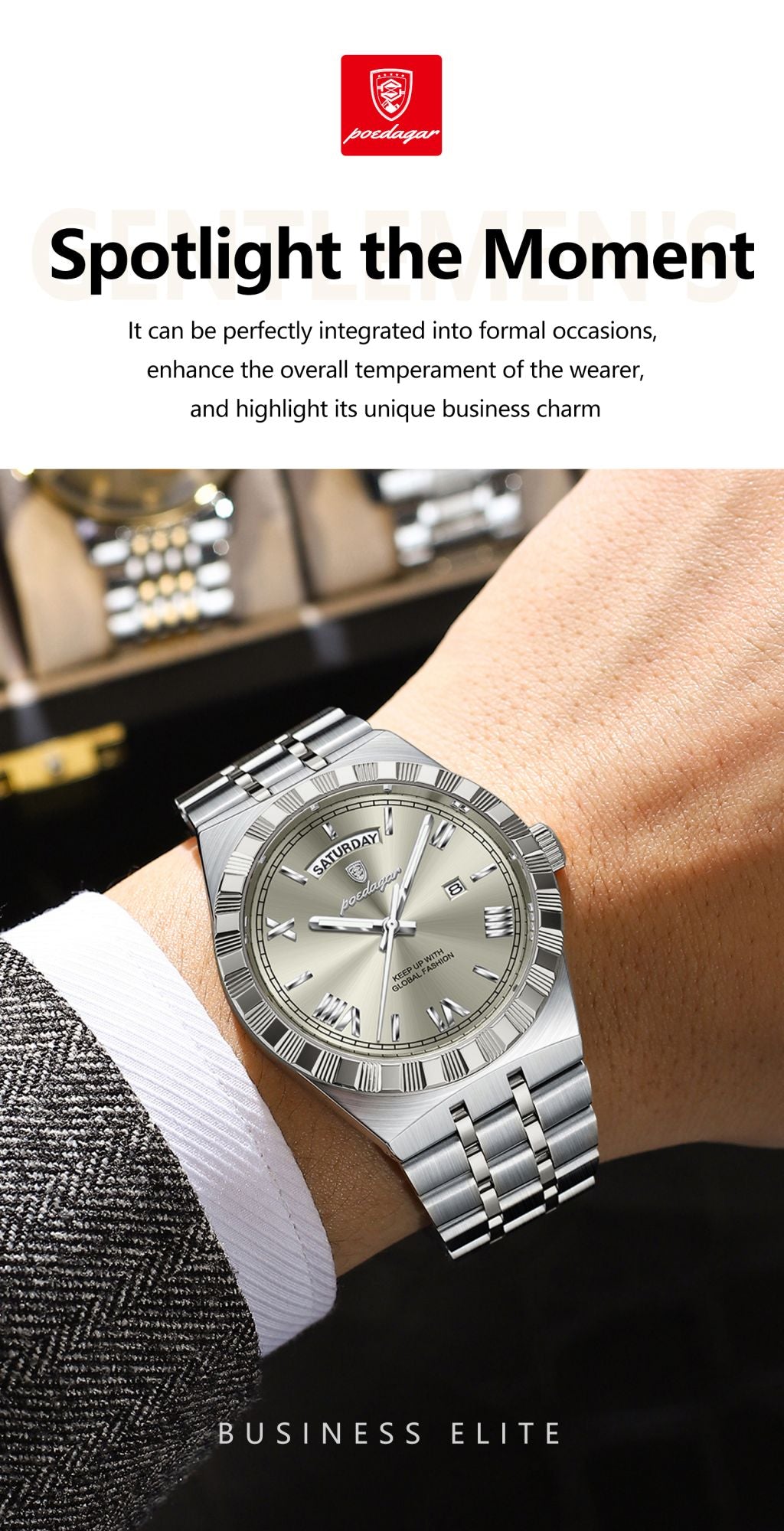 POEDAGAR Luxury Business Man Watch Week Date Waterproof Luminous Watches For Men Stainless Steel Quartz Fashion Men's Wristwatch