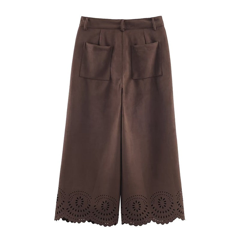 Die-Cut Hem Faux Suede Wide Leg Pants For Women Vintage Brown High Waist With Pockets Casual Loose Trousers